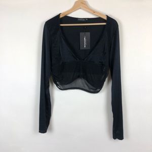 Pretty Little Thing Women's Black Long Sleeve Crop Top Shirt Size 12 NWT